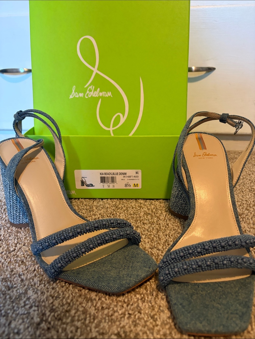 Sam Edelman Kia Beads Blue Denim Beaded Double-Strap Block Heel 8.5